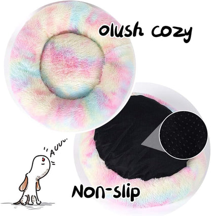 Fluffy Calming Cat Beds for Indoor Cats - Washable Round Dog Beds for Small Medium Dogs, Anti Anxiety Plush Faux Fur Pet Bed