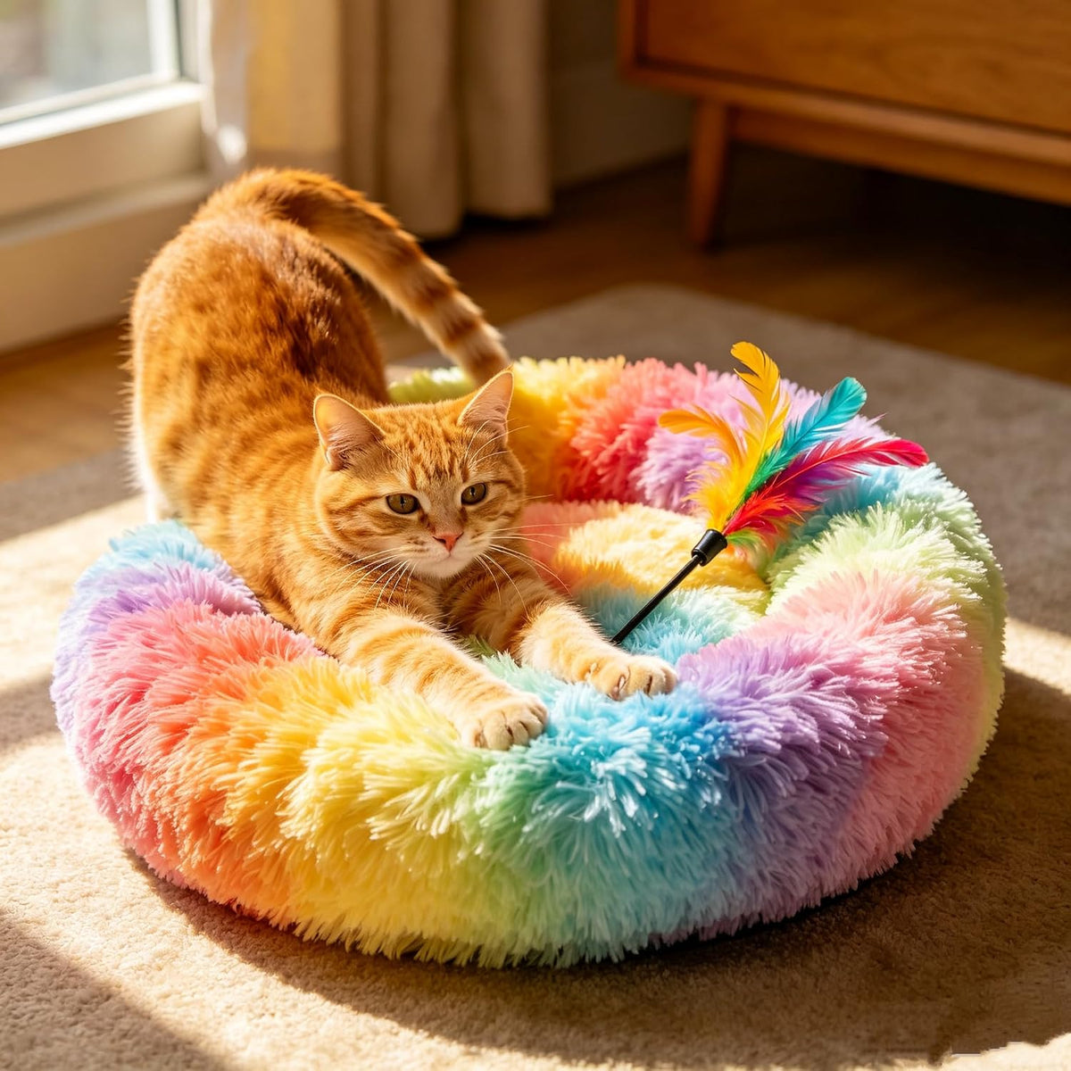 Fluffy Calming Cat Beds for Indoor Cats - Washable Round Dog Beds for Small Medium Dogs, Anti Anxiety Plush Faux Fur Pet Bed