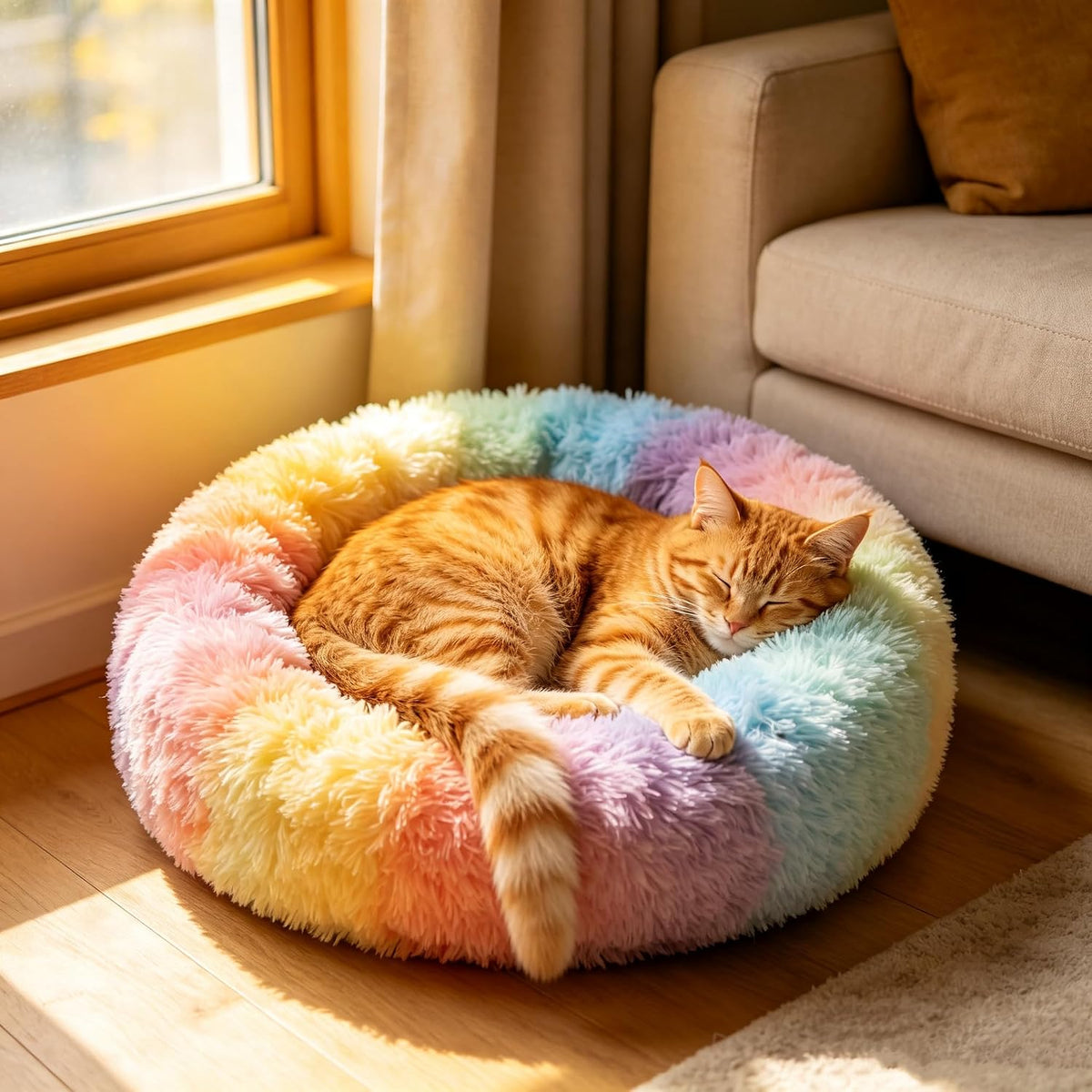 Fluffy Calming Cat Beds for Indoor Cats - Washable Round Dog Beds for Small Medium Dogs, Anti Anxiety Plush Faux Fur Pet Bed