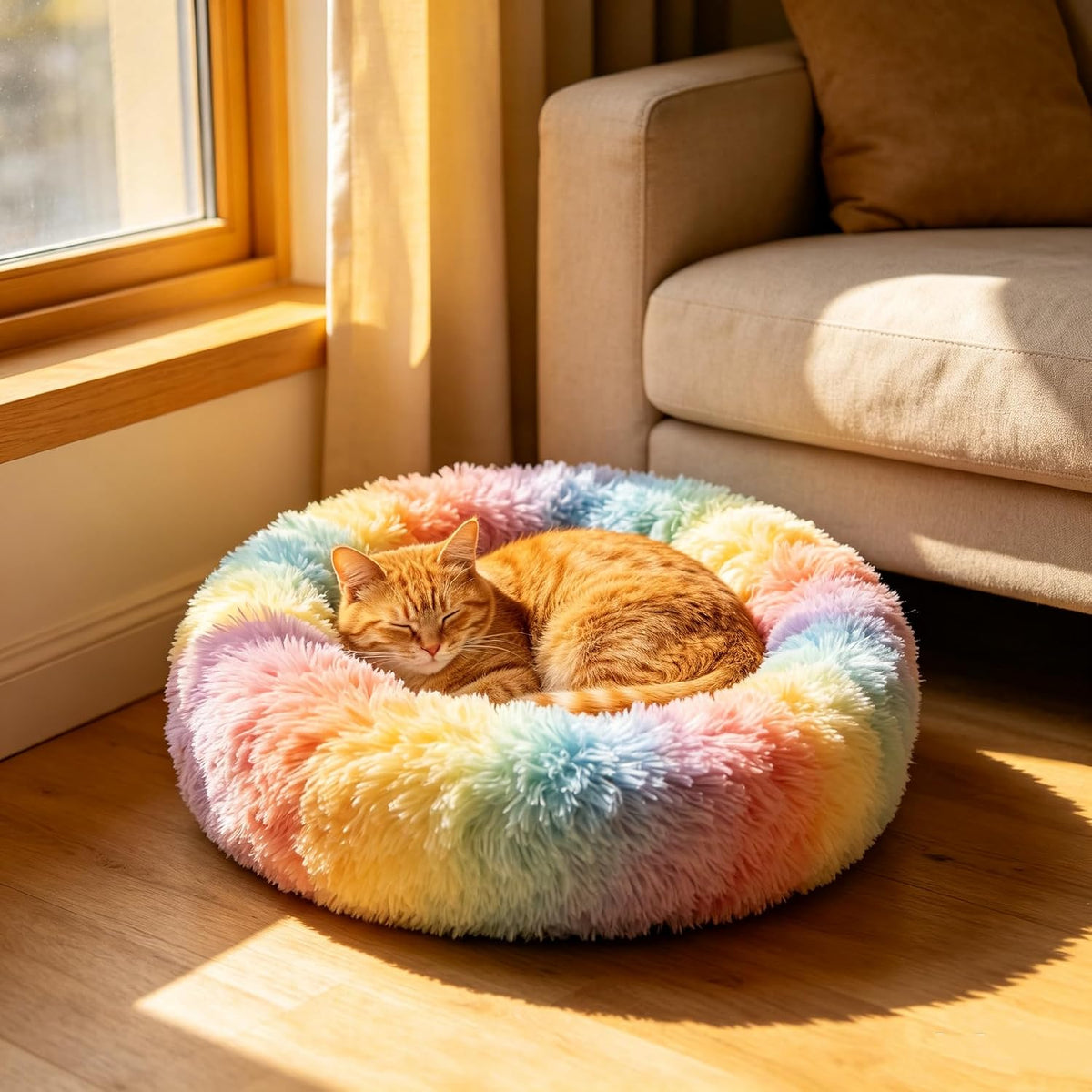 Fluffy Calming Cat Beds for Indoor Cats - Washable Round Dog Beds for Small Medium Dogs, Anti Anxiety Plush Faux Fur Pet Bed