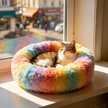 Fluffy Calming Cat Beds for Indoor Cats - Washable Round Dog Beds for Small Medium Dogs, Anti Anxiety Plush Faux Fur Pet Bed