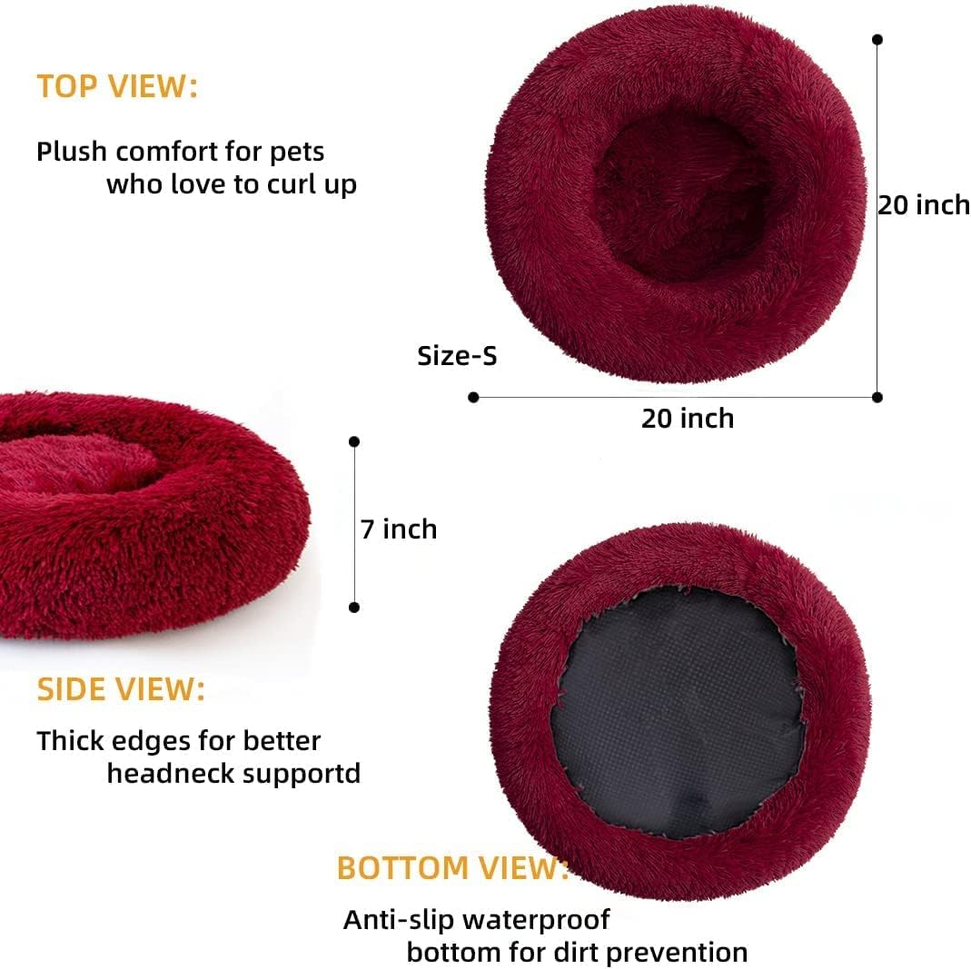 Fluffy Calming Cat Beds for Indoor Cats - Washable Round Dog Beds for Small Medium Dogs, Anti Anxiety Plush Faux Fur Pet Bed