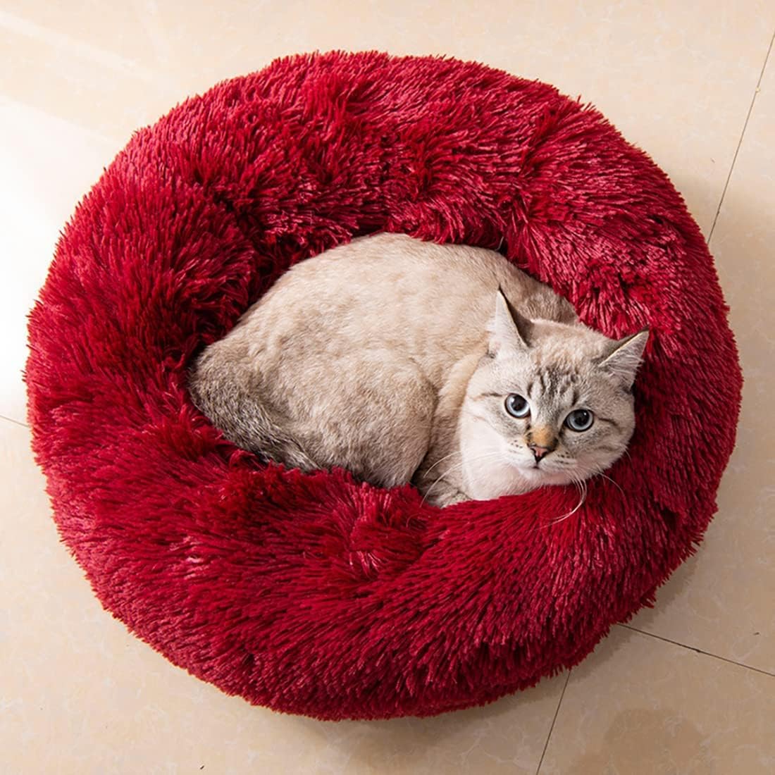 Fluffy Calming Cat Beds for Indoor Cats - Washable Round Dog Beds for Small Medium Dogs, Anti Anxiety Plush Faux Fur Pet Bed