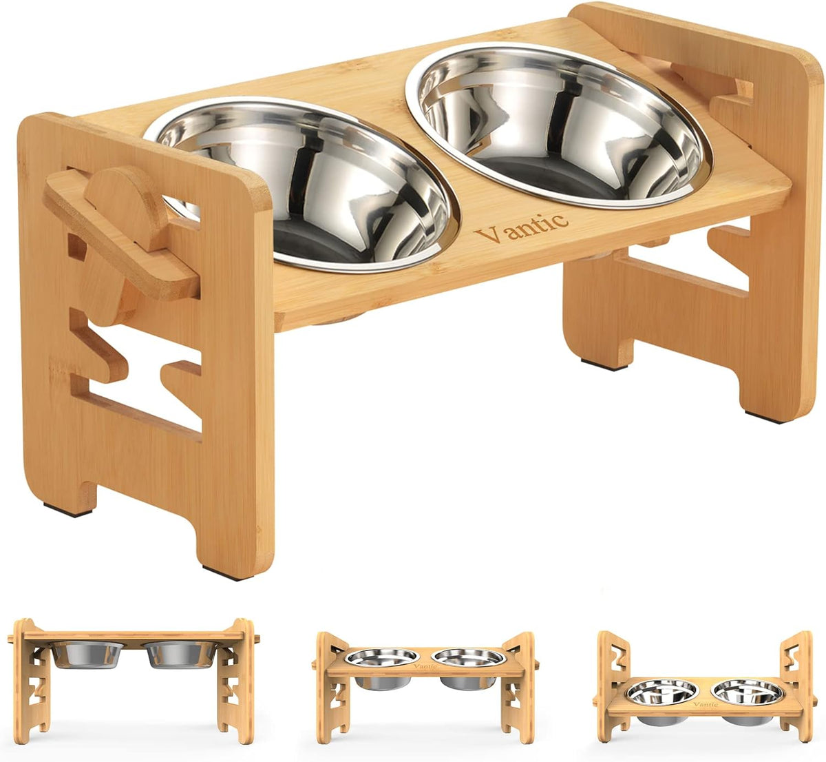 Elevated Dog Bowls, Adjustable Bowl Stand Medium, Rustic Brown | Particle Board Raised Dog Bowl Stand with 2 Stainless Steel Bowls for Medium Dogs