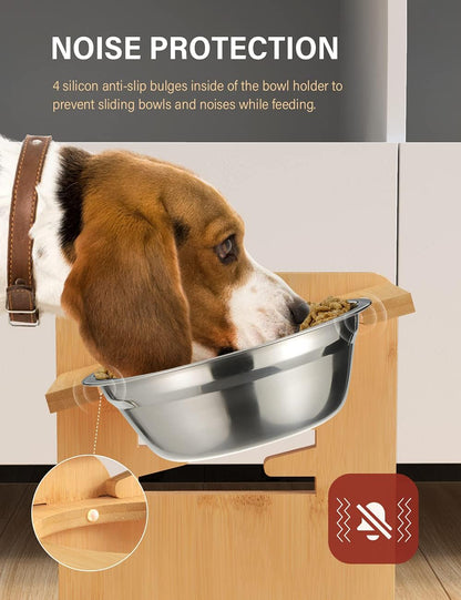 Elevated Dog Bowls, Adjustable Bowl Stand Medium, Rustic Brown | Particle Board Raised Dog Bowl Stand with 2 Stainless Steel Bowls for Medium Dogs