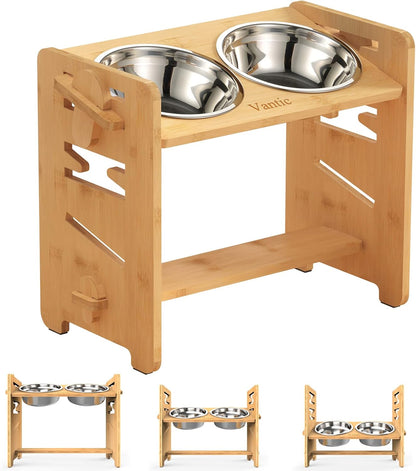 Elevated Dog Bowls, Adjustable Bowl Stand Medium, Rustic Brown | Particle Board Raised Dog Bowl Stand with 2 Stainless Steel Bowls for Medium Dogs