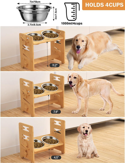 Elevated Dog Bowls, Adjustable Bowl Stand Medium, Rustic Brown | Particle Board Raised Dog Bowl Stand with 2 Stainless Steel Bowls for Medium Dogs
