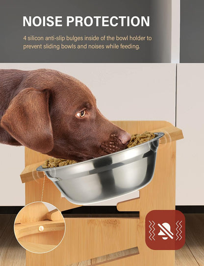 Elevated Dog Bowls, Adjustable Bowl Stand Medium, Rustic Brown | Particle Board Raised Dog Bowl Stand with 2 Stainless Steel Bowls for Medium Dogs