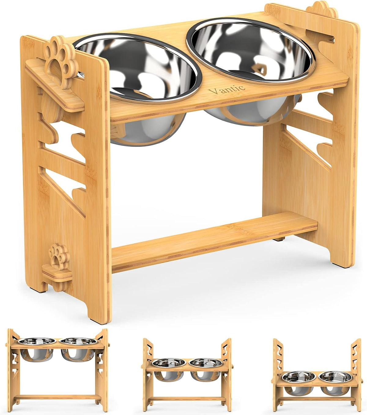 Elevated Dog Bowls, Adjustable Bowl Stand Medium, Rustic Brown | Particle Board Raised Dog Bowl Stand with 2 Stainless Steel Bowls for Medium Dogs