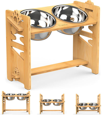 Elevated Dog Bowls, Adjustable Bowl Stand Medium, Rustic Brown | Particle Board Raised Dog Bowl Stand with 2 Stainless Steel Bowls for Medium Dogs