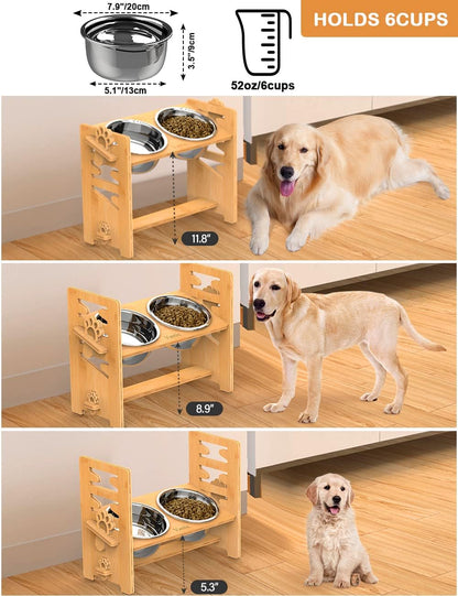 Elevated Dog Bowls, Adjustable Bowl Stand Medium, Rustic Brown | Particle Board Raised Dog Bowl Stand with 2 Stainless Steel Bowls for Medium Dogs