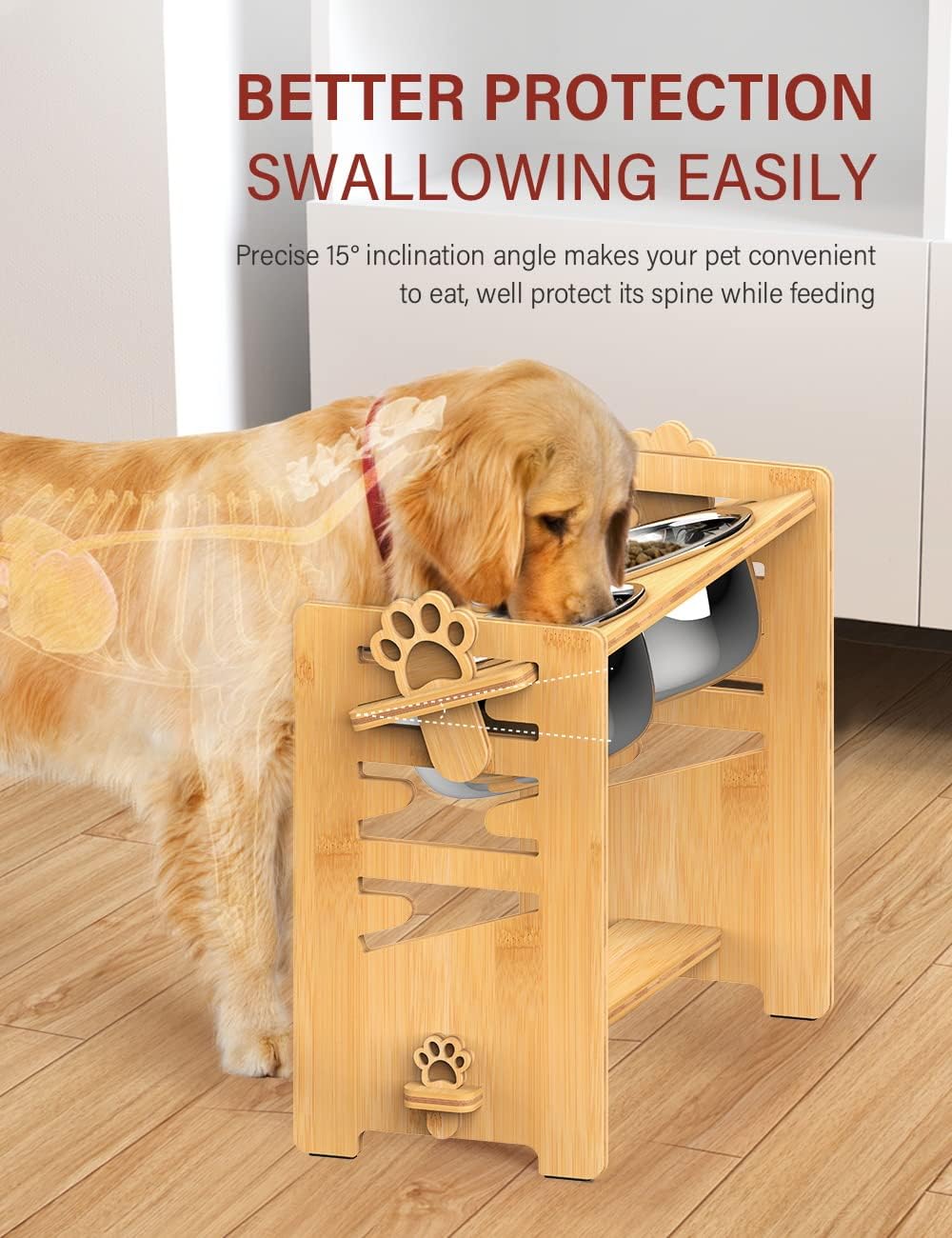 Elevated Dog Bowls, Adjustable Bowl Stand Medium, Rustic Brown | Particle Board Raised Dog Bowl Stand with 2 Stainless Steel Bowls for Medium Dogs