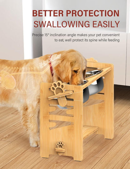Elevated Dog Bowls, Adjustable Bowl Stand Medium, Rustic Brown | Particle Board Raised Dog Bowl Stand with 2 Stainless Steel Bowls for Medium Dogs