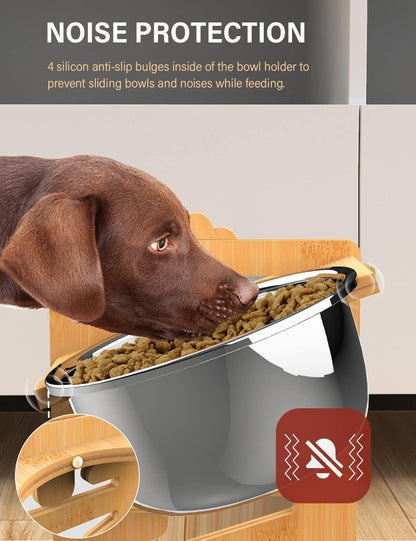 Elevated Dog Bowls, Adjustable Bowl Stand Medium, Rustic Brown | Particle Board Raised Dog Bowl Stand with 2 Stainless Steel Bowls for Medium Dogs