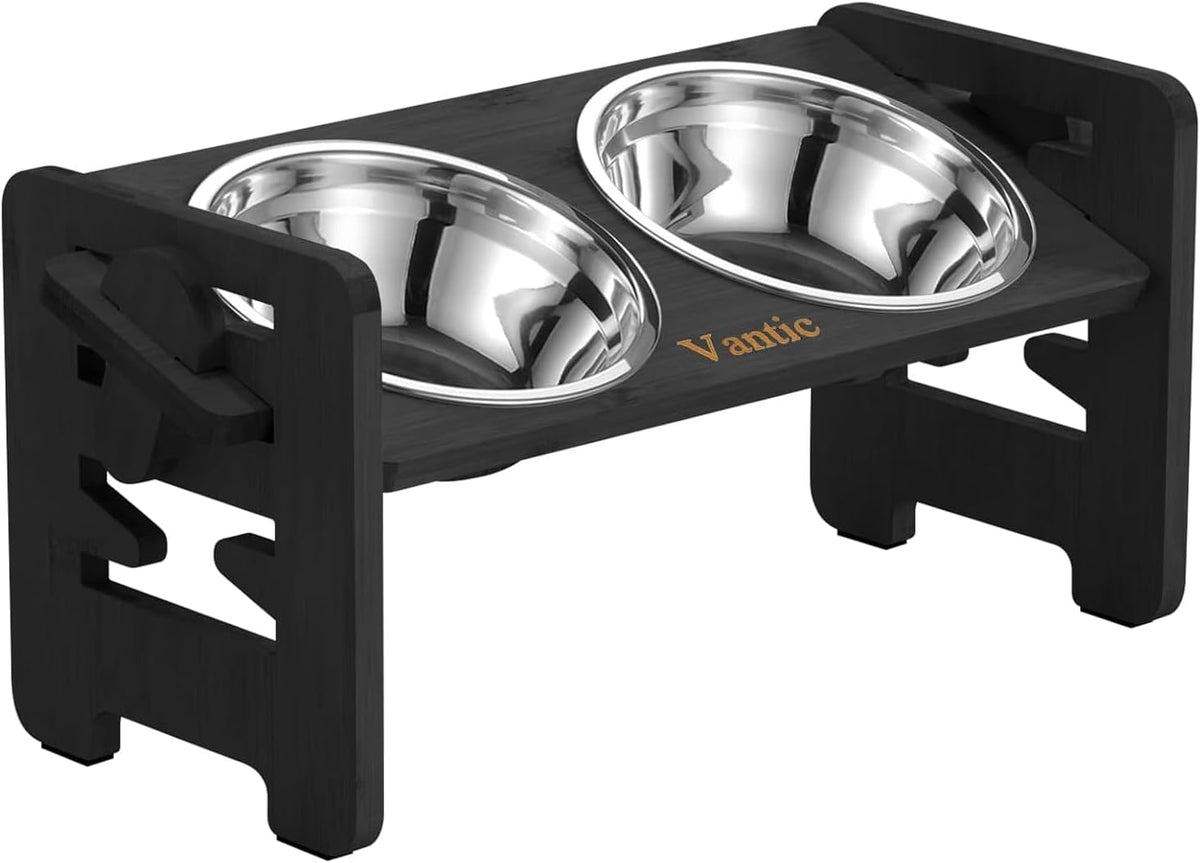 Elevated Dog Bowls, Adjustable Bowl Stand Medium, Rustic Brown | Particle Board Raised Dog Bowl Stand with 2 Stainless Steel Bowls for Medium Dogs