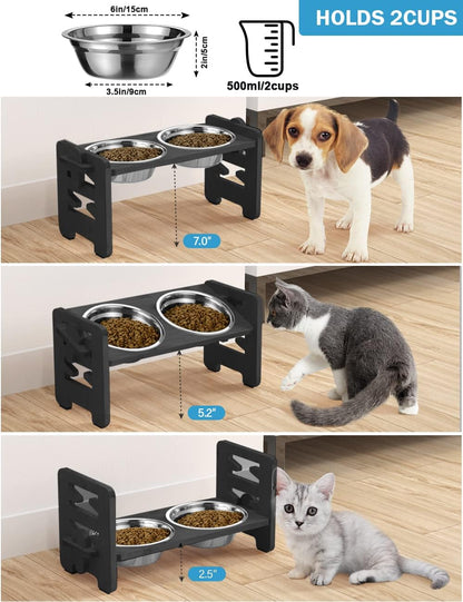 Elevated Dog Bowls, Adjustable Bowl Stand Medium, Rustic Brown | Particle Board Raised Dog Bowl Stand with 2 Stainless Steel Bowls for Medium Dogs