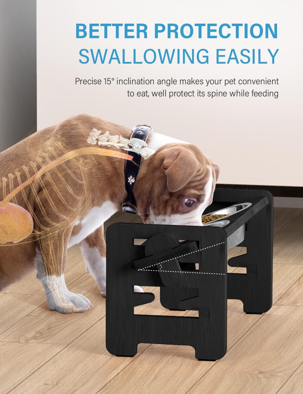 Elevated Dog Bowls, Adjustable Bowl Stand Medium, Rustic Brown | Particle Board Raised Dog Bowl Stand with 2 Stainless Steel Bowls for Medium Dogs