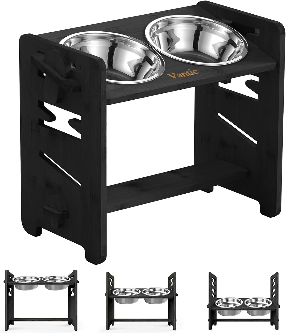 Elevated Dog Bowls, Adjustable Bowl Stand Medium, Rustic Brown | Particle Board Raised Dog Bowl Stand with 2 Stainless Steel Bowls for Medium Dogs