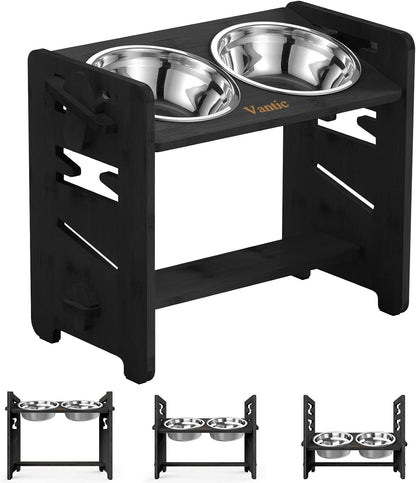 Elevated Dog Bowls, Adjustable Bowl Stand Medium, Rustic Brown | Particle Board Raised Dog Bowl Stand with 2 Stainless Steel Bowls for Medium Dogs