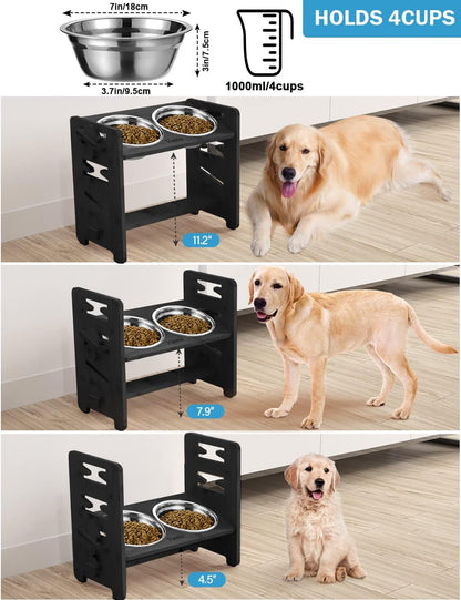 Elevated Dog Bowls, Adjustable Bowl Stand Medium, Rustic Brown | Particle Board Raised Dog Bowl Stand with 2 Stainless Steel Bowls for Medium Dogs