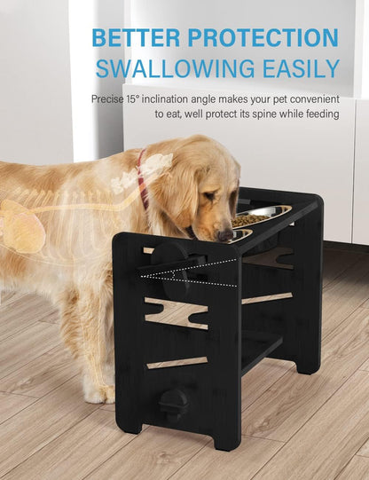 Elevated Dog Bowls, Adjustable Bowl Stand Medium, Rustic Brown | Particle Board Raised Dog Bowl Stand with 2 Stainless Steel Bowls for Medium Dogs