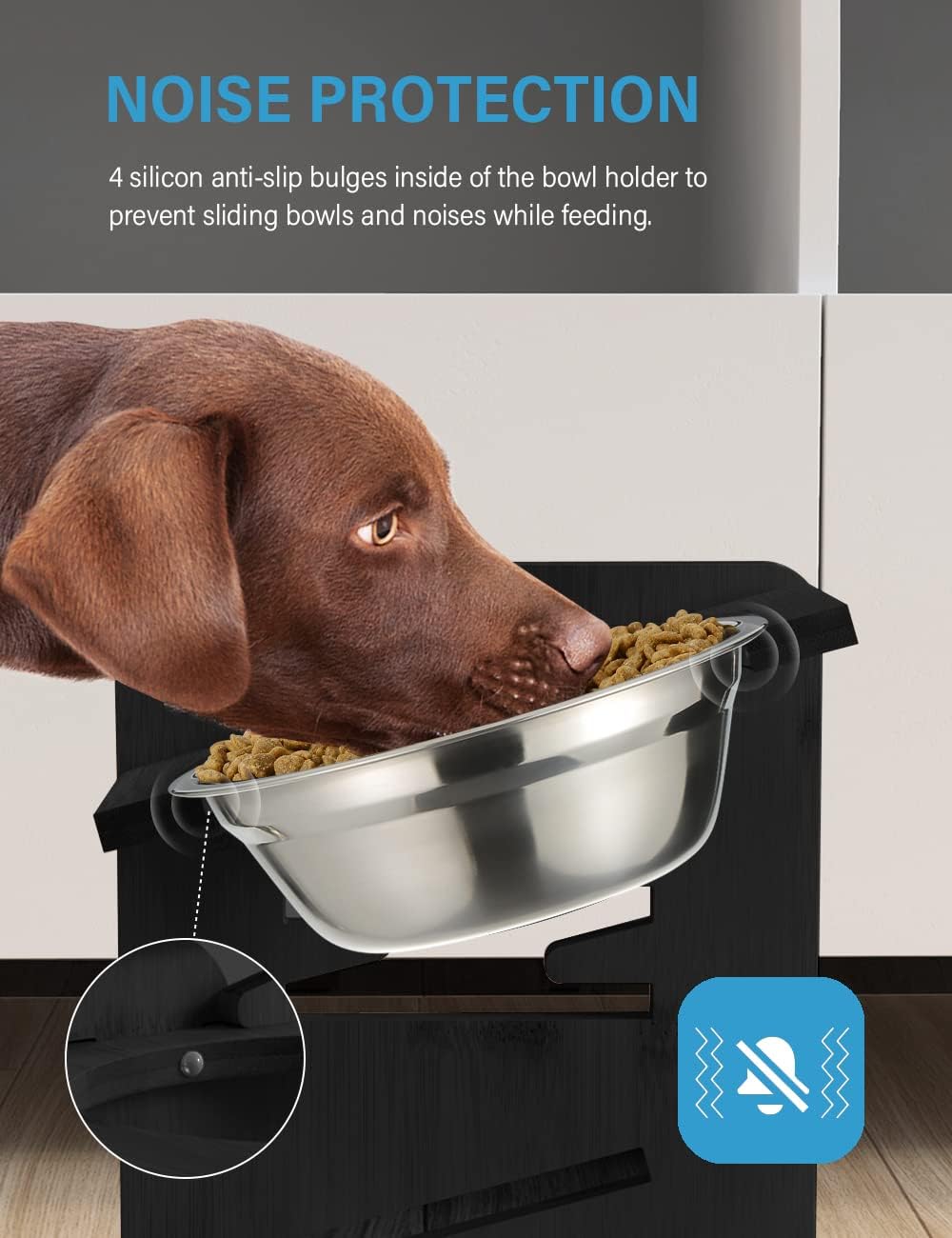 Elevated Dog Bowls, Adjustable Bowl Stand Medium, Rustic Brown | Particle Board Raised Dog Bowl Stand with 2 Stainless Steel Bowls for Medium Dogs