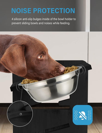 Elevated Dog Bowls, Adjustable Bowl Stand Medium, Rustic Brown | Particle Board Raised Dog Bowl Stand with 2 Stainless Steel Bowls for Medium Dogs