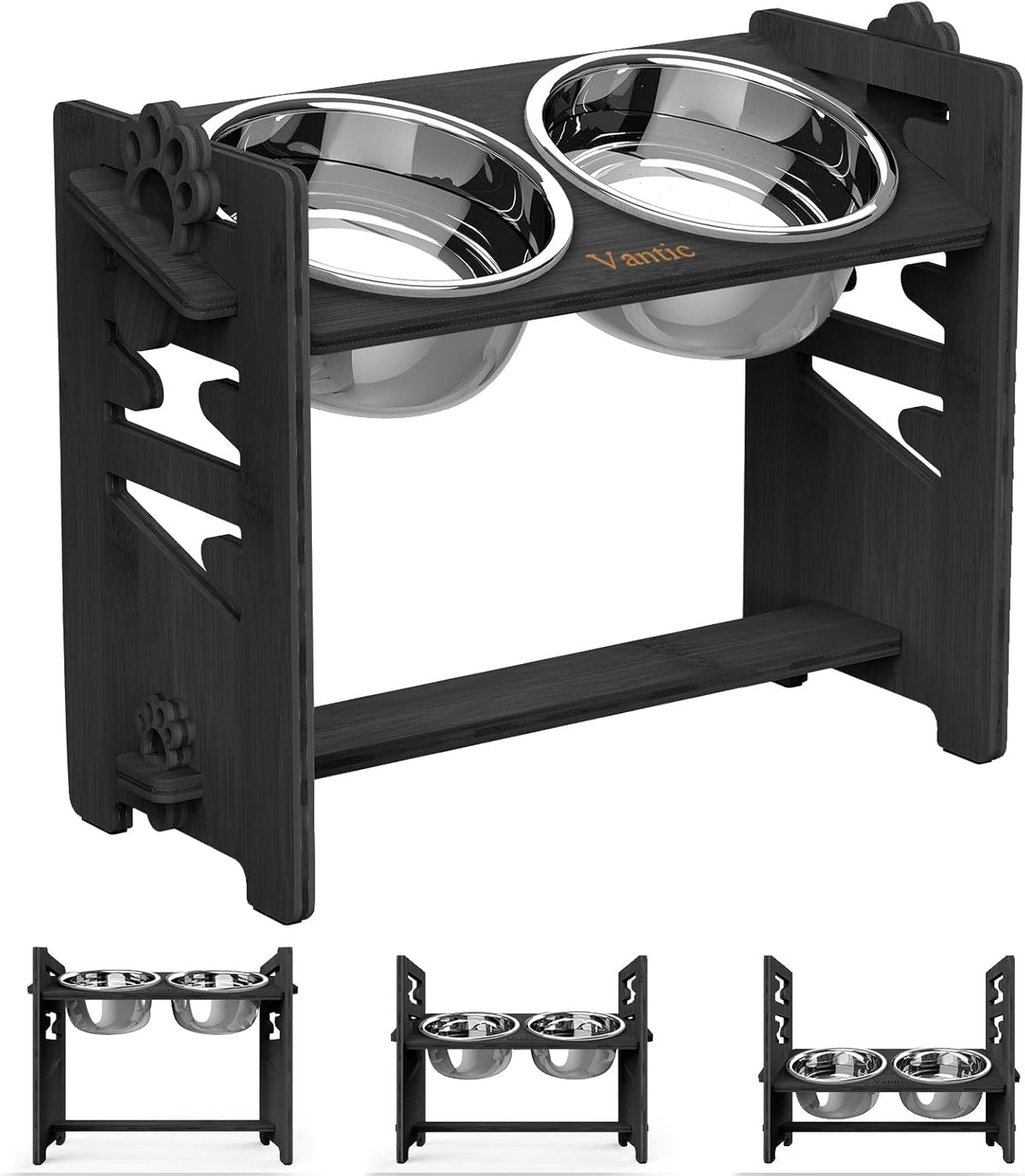 Elevated Dog Bowls, Adjustable Bowl Stand Medium, Rustic Brown | Particle Board Raised Dog Bowl Stand with 2 Stainless Steel Bowls for Medium Dogs