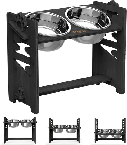 Elevated Dog Bowls, Adjustable Bowl Stand Medium, Rustic Brown | Particle Board Raised Dog Bowl Stand with 2 Stainless Steel Bowls for Medium Dogs