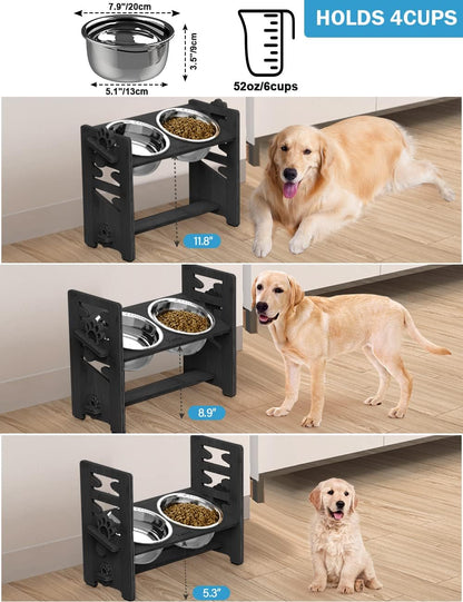 Elevated Dog Bowls, Adjustable Bowl Stand Medium, Rustic Brown | Particle Board Raised Dog Bowl Stand with 2 Stainless Steel Bowls for Medium Dogs