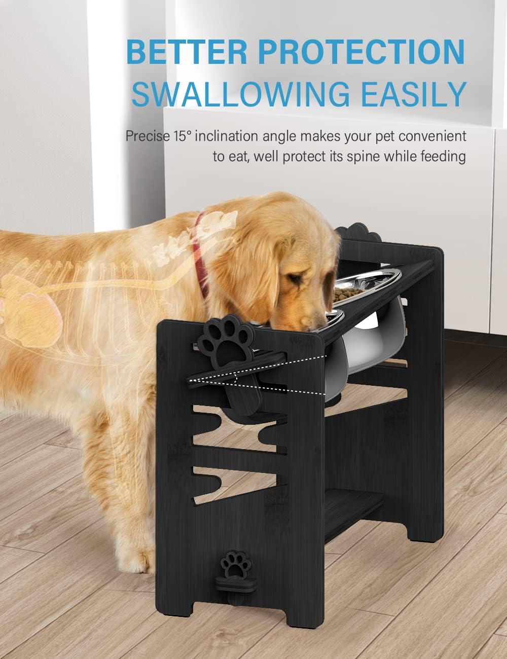 Elevated Dog Bowls, Adjustable Bowl Stand Medium, Rustic Brown | Particle Board Raised Dog Bowl Stand with 2 Stainless Steel Bowls for Medium Dogs