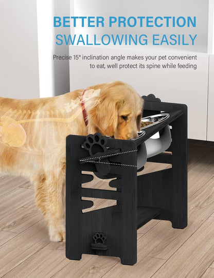 Elevated Dog Bowls, Adjustable Bowl Stand Medium, Rustic Brown | Particle Board Raised Dog Bowl Stand with 2 Stainless Steel Bowls for Medium Dogs