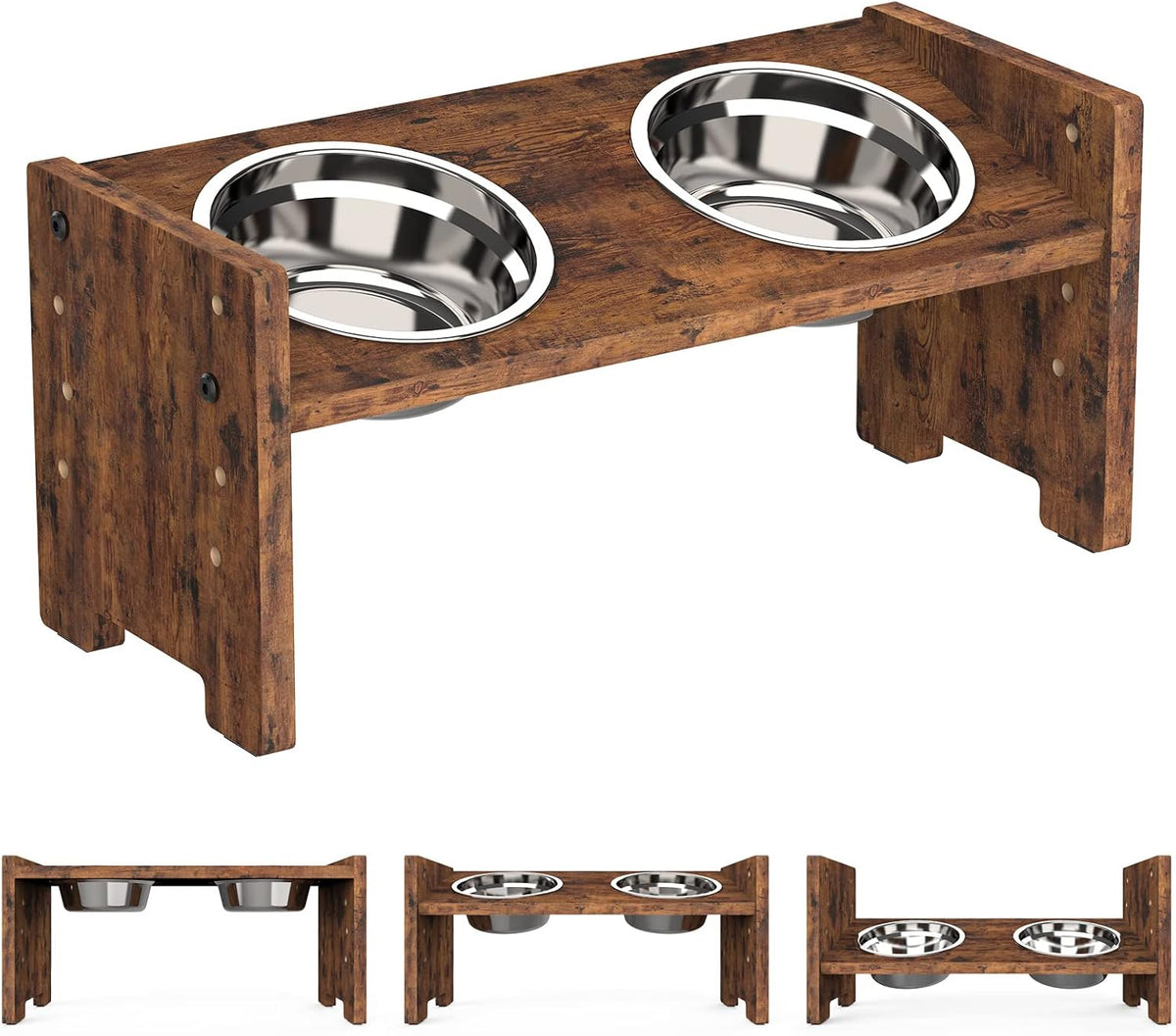 Elevated Dog Bowls, Adjustable Bowl Stand Medium, Rustic Brown | Particle Board Raised Dog Bowl Stand with 2 Stainless Steel Bowls for Medium Dogs