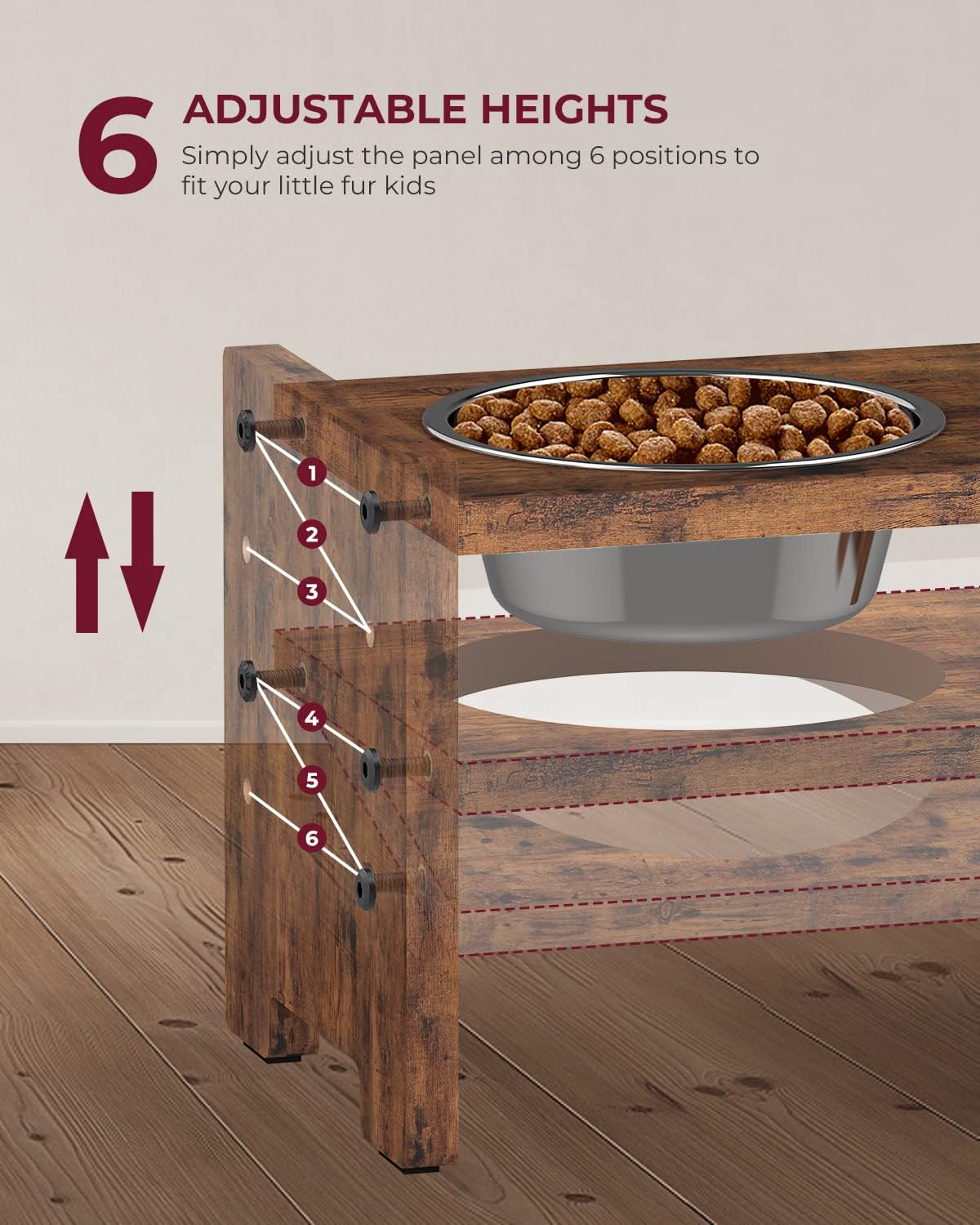 Elevated Dog Bowls, Adjustable Bowl Stand Medium, Rustic Brown | Particle Board Raised Dog Bowl Stand with 2 Stainless Steel Bowls for Medium Dogs