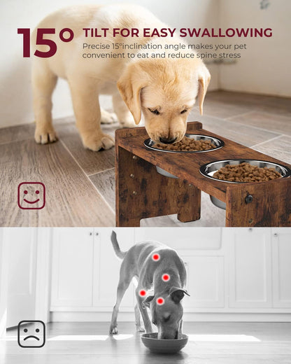 Elevated Dog Bowls, Adjustable Bowl Stand Medium, Rustic Brown | Particle Board Raised Dog Bowl Stand with 2 Stainless Steel Bowls for Medium Dogs