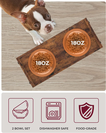 Elevated Dog Bowls, Adjustable Bowl Stand Medium, Rustic Brown | Particle Board Raised Dog Bowl Stand with 2 Stainless Steel Bowls for Medium Dogs
