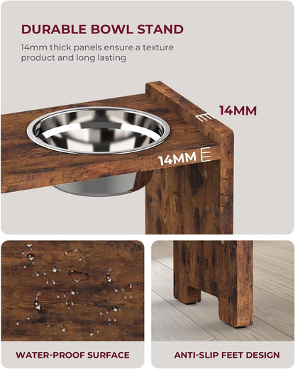 Elevated Dog Bowls, Adjustable Bowl Stand Medium, Rustic Brown | Particle Board Raised Dog Bowl Stand with 2 Stainless Steel Bowls for Medium Dogs