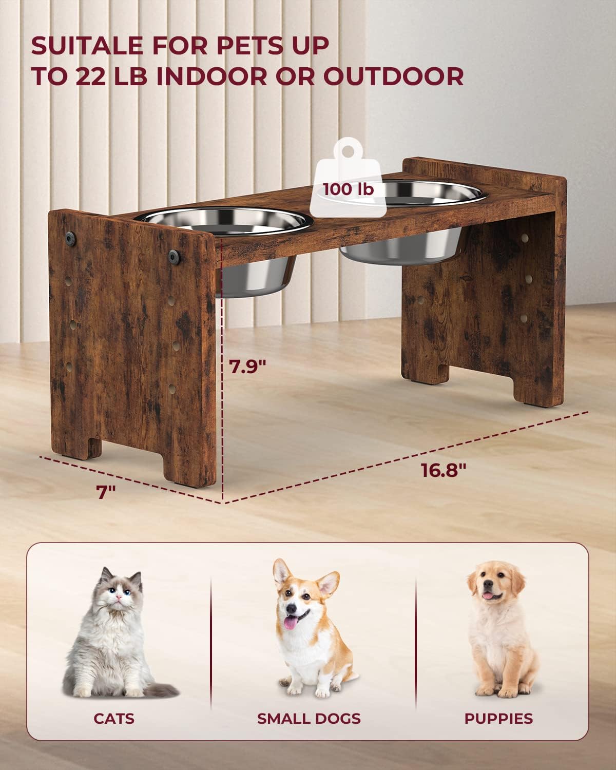 Elevated Dog Bowls, Adjustable Bowl Stand Medium, Rustic Brown | Particle Board Raised Dog Bowl Stand with 2 Stainless Steel Bowls for Medium Dogs
