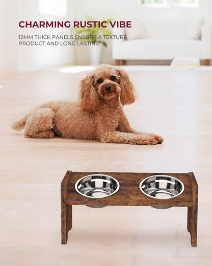 Elevated Dog Bowls, Adjustable Bowl Stand Medium, Rustic Brown | Particle Board Raised Dog Bowl Stand with 2 Stainless Steel Bowls for Medium Dogs