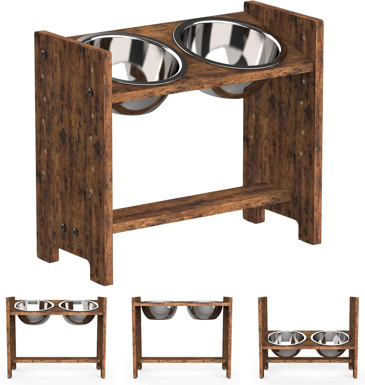 Elevated Dog Bowls, Adjustable Bowl Stand Medium, Rustic Brown | Particle Board Raised Dog Bowl Stand with 2 Stainless Steel Bowls for Medium Dogs
