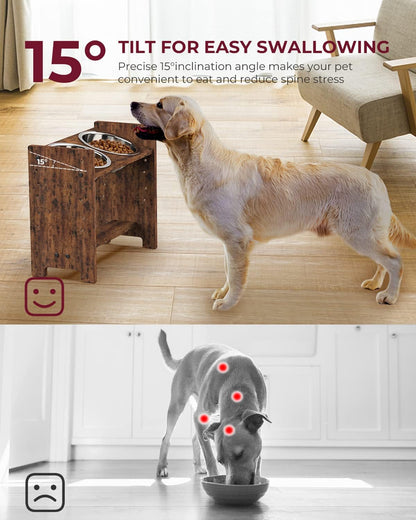 Elevated Dog Bowls, Adjustable Bowl Stand Medium, Rustic Brown | Particle Board Raised Dog Bowl Stand with 2 Stainless Steel Bowls for Medium Dogs