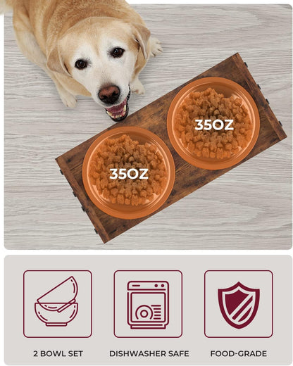 Elevated Dog Bowls, Adjustable Bowl Stand Medium, Rustic Brown | Particle Board Raised Dog Bowl Stand with 2 Stainless Steel Bowls for Medium Dogs