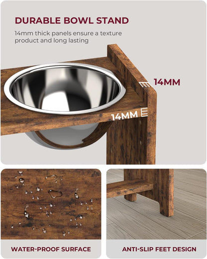 Elevated Dog Bowls, Adjustable Bowl Stand Medium, Rustic Brown | Particle Board Raised Dog Bowl Stand with 2 Stainless Steel Bowls for Medium Dogs