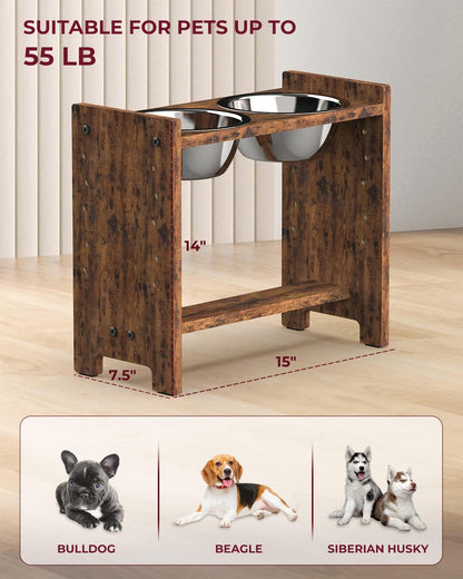 Elevated Dog Bowls, Adjustable Bowl Stand Medium, Rustic Brown | Particle Board Raised Dog Bowl Stand with 2 Stainless Steel Bowls for Medium Dogs