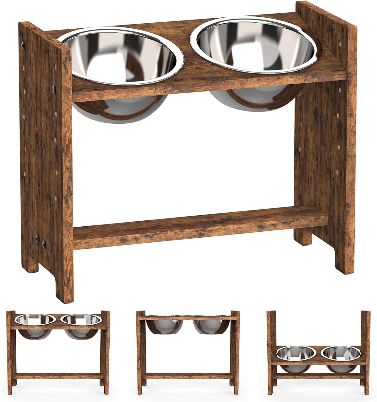 Elevated Dog Bowls, Adjustable Bowl Stand Medium, Rustic Brown | Particle Board Raised Dog Bowl Stand with 2 Stainless Steel Bowls for Medium Dogs
