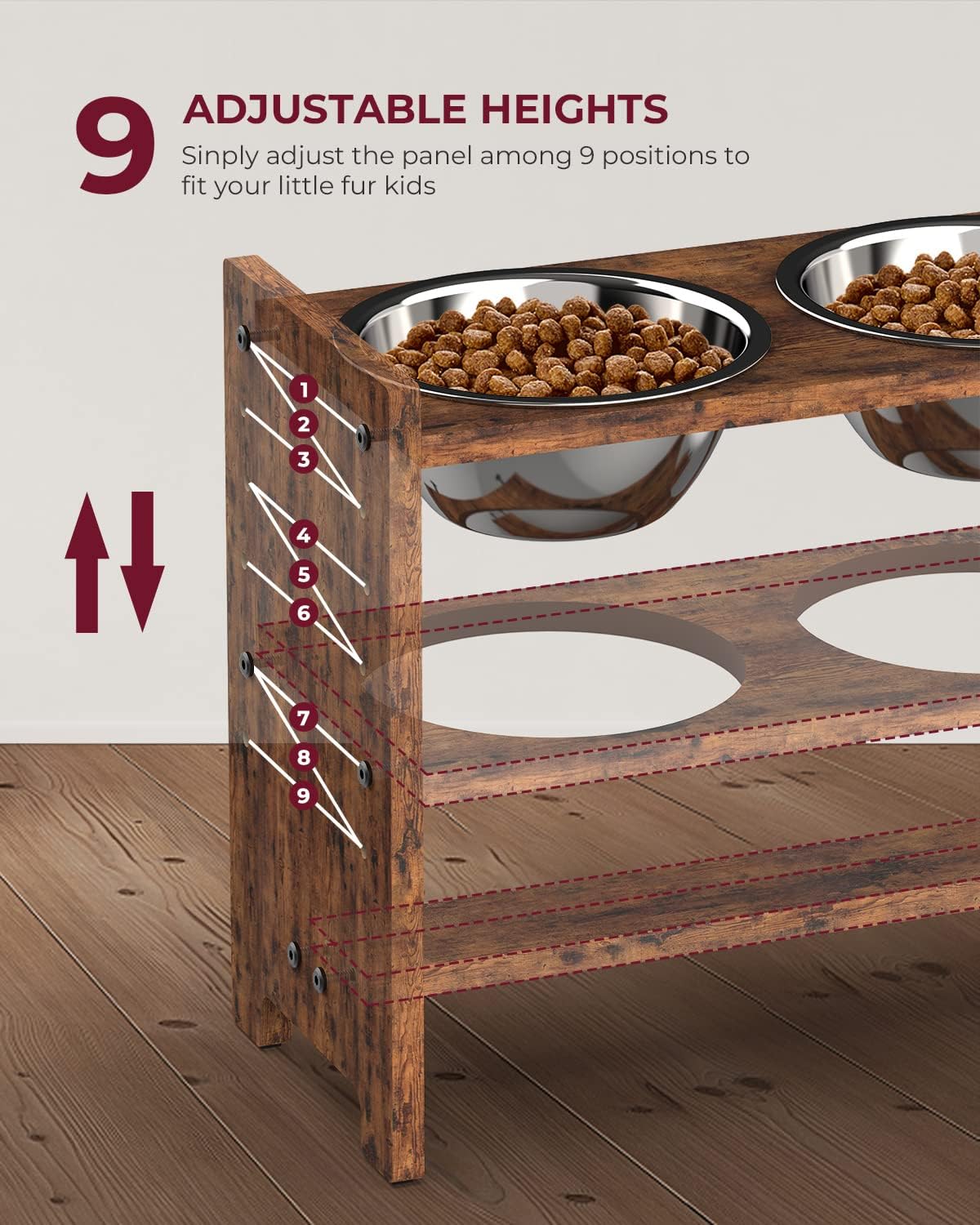 Elevated Dog Bowls, Adjustable Bowl Stand Medium, Rustic Brown | Particle Board Raised Dog Bowl Stand with 2 Stainless Steel Bowls for Medium Dogs