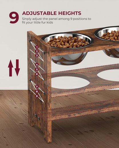 Elevated Dog Bowls, Adjustable Bowl Stand Medium, Rustic Brown | Particle Board Raised Dog Bowl Stand with 2 Stainless Steel Bowls for Medium Dogs