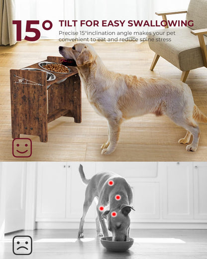 Elevated Dog Bowls, Adjustable Bowl Stand Medium, Rustic Brown | Particle Board Raised Dog Bowl Stand with 2 Stainless Steel Bowls for Medium Dogs