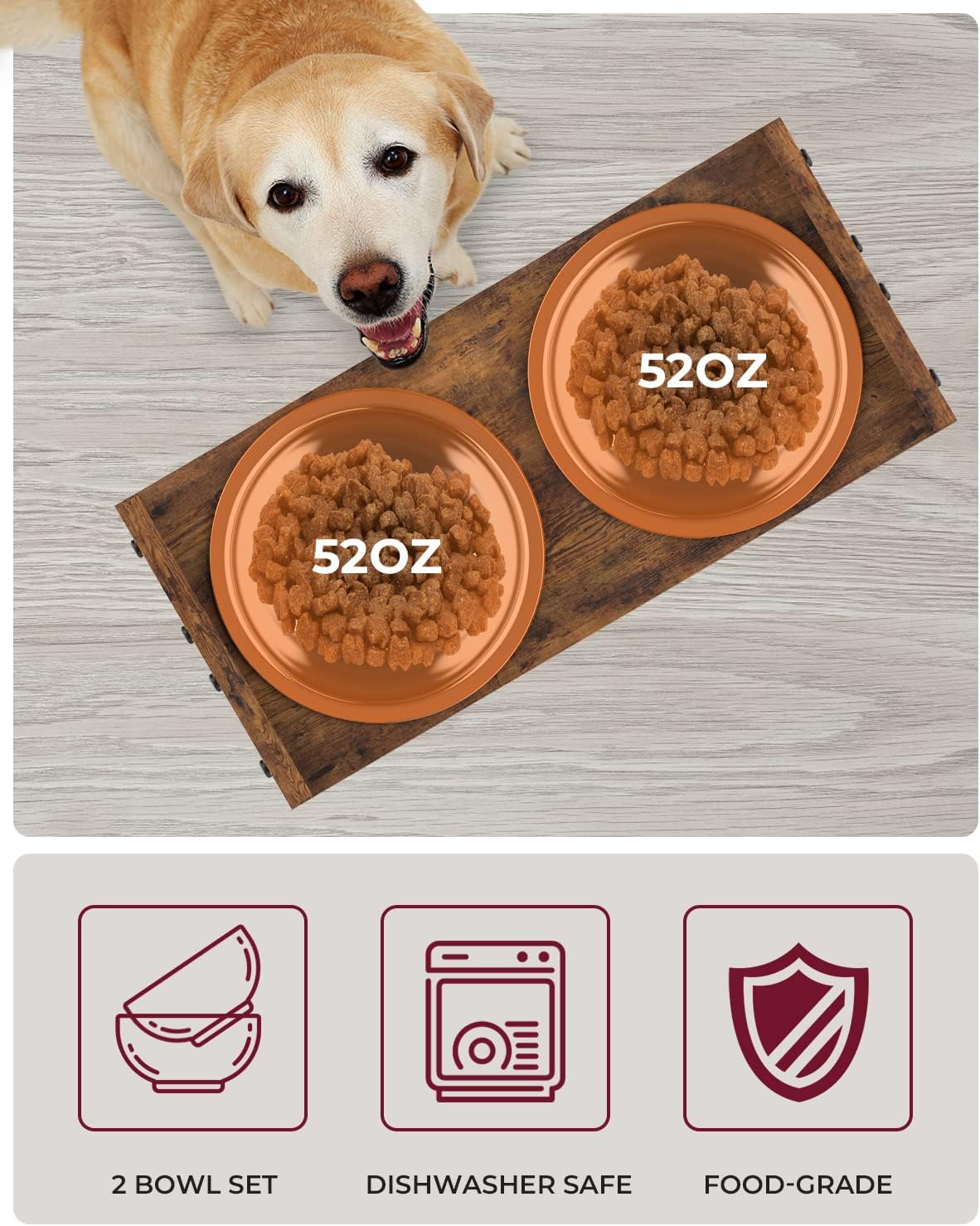 Elevated Dog Bowls, Adjustable Bowl Stand Medium, Rustic Brown | Particle Board Raised Dog Bowl Stand with 2 Stainless Steel Bowls for Medium Dogs