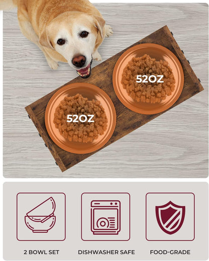 Elevated Dog Bowls, Adjustable Bowl Stand Medium, Rustic Brown | Particle Board Raised Dog Bowl Stand with 2 Stainless Steel Bowls for Medium Dogs